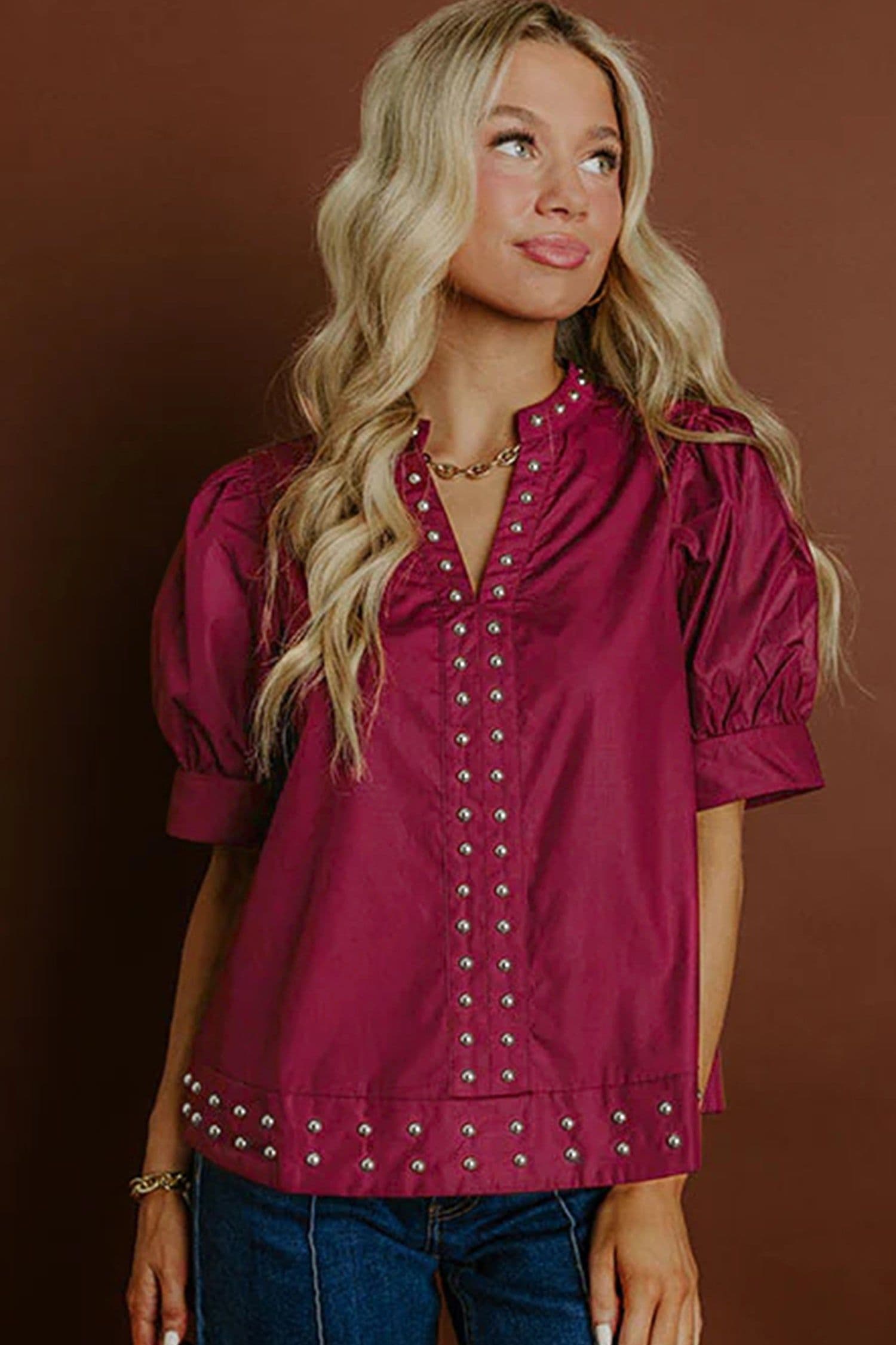image-Burgundy Rivet Embellished V Neck Puff Sleeve Blouse