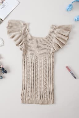 image-Beige Pointelle Knit Flutter Sleeve Sweater - Versatile & Chic