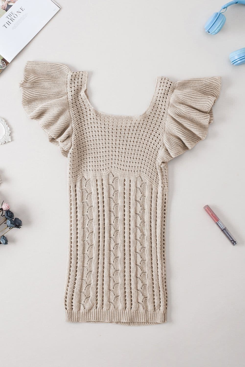 image-Beige Pointelle Knit Flutter Sleeve Sweater - Versatile & Chic