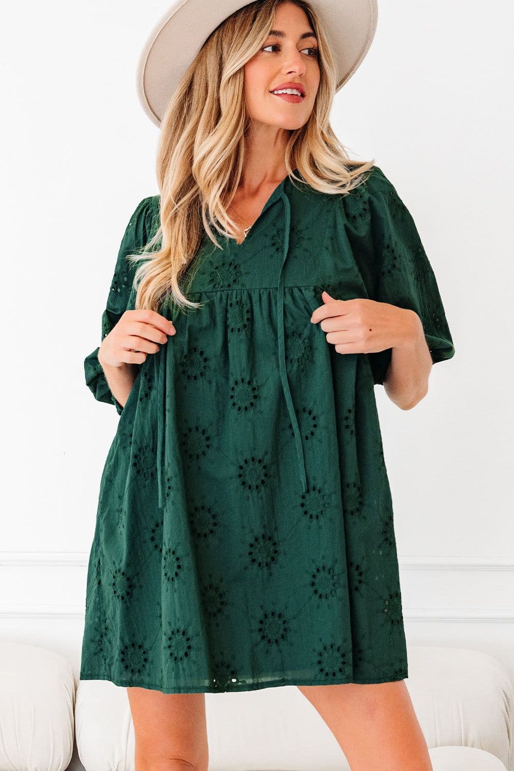 image-Blackish Green Embroidered Eyelet Puffy Sleeve Mini Dress