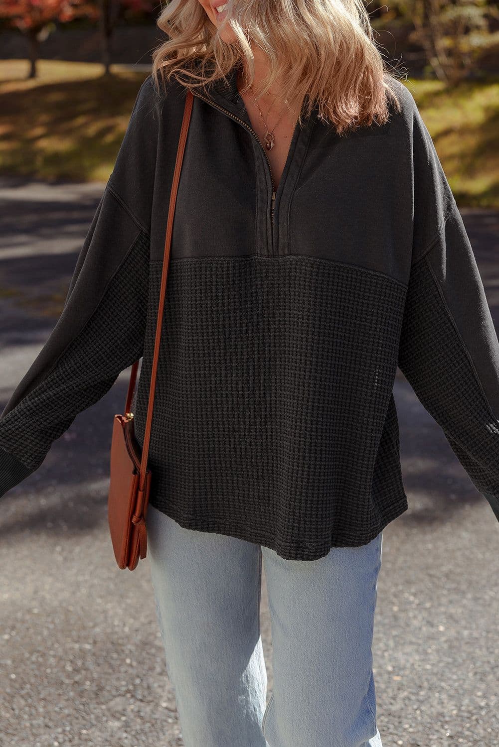 image-Carbon Grey Waffle Knit Half Zip Sweatshirt