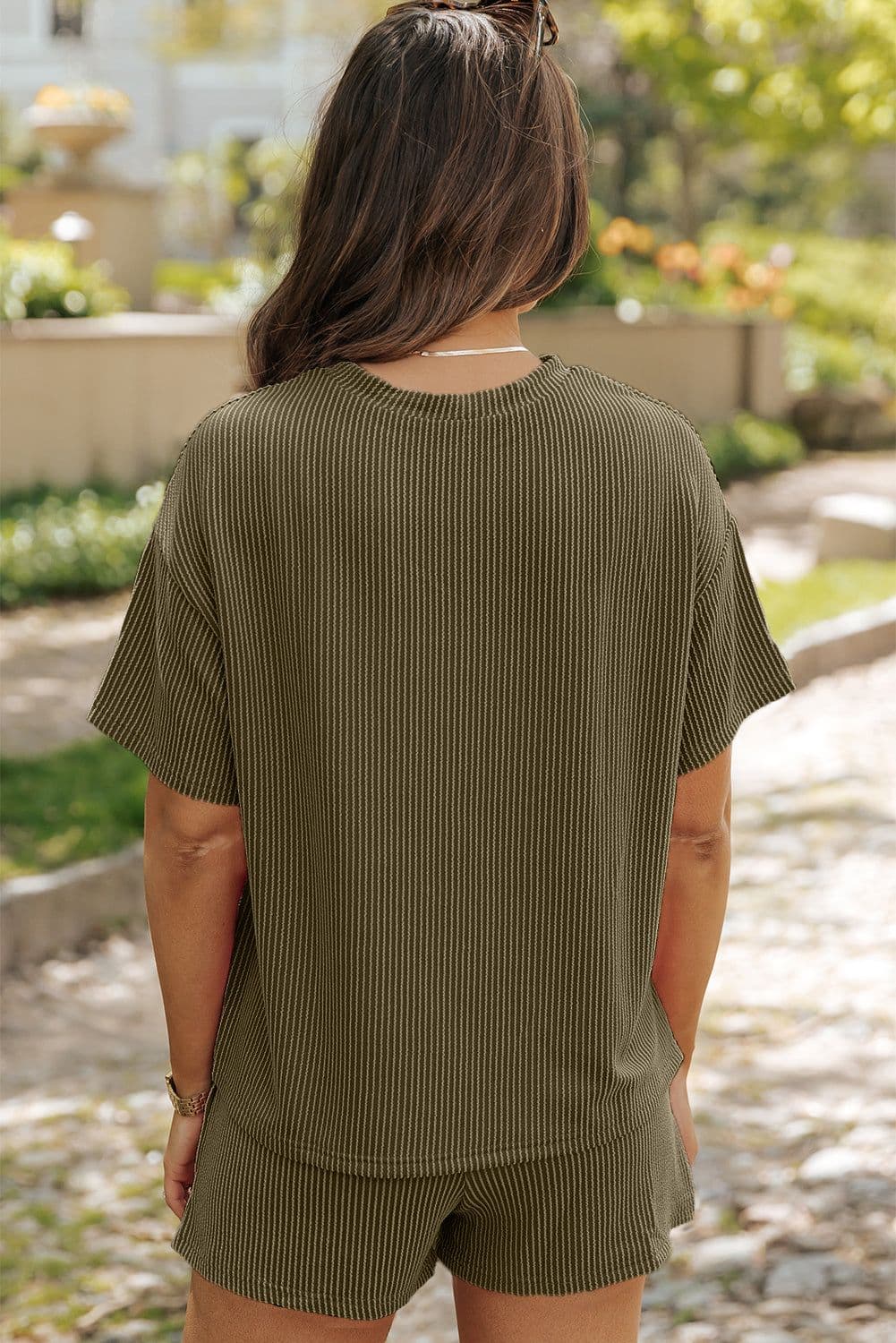 image-Orange Ribbed Textured Knit Loose Fit Tee and Shorts Set