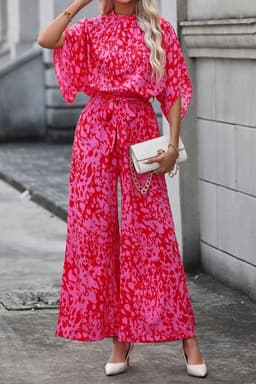 image-Leopard Print Wide Leg Jumpsuit - Rose Belted Loose Fit