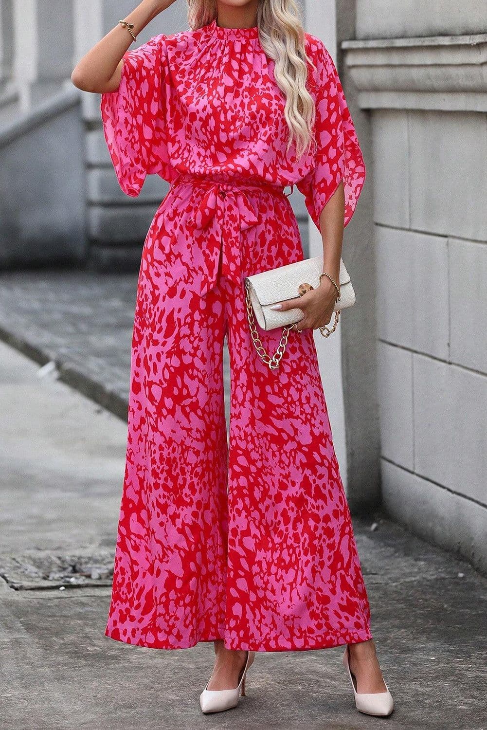 image-Leopard Print Wide Leg Jumpsuit - Rose Belted Loose Fit