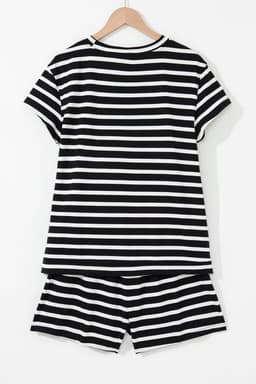 image-Black & White Striped Top & Shorts Set, Short Sleeve, Medium-High Elasticity