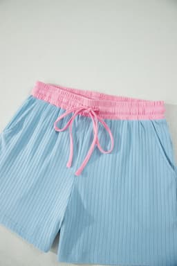 image-Aqua Soft Ribbed Color Block Trim Casual Shorts Set
