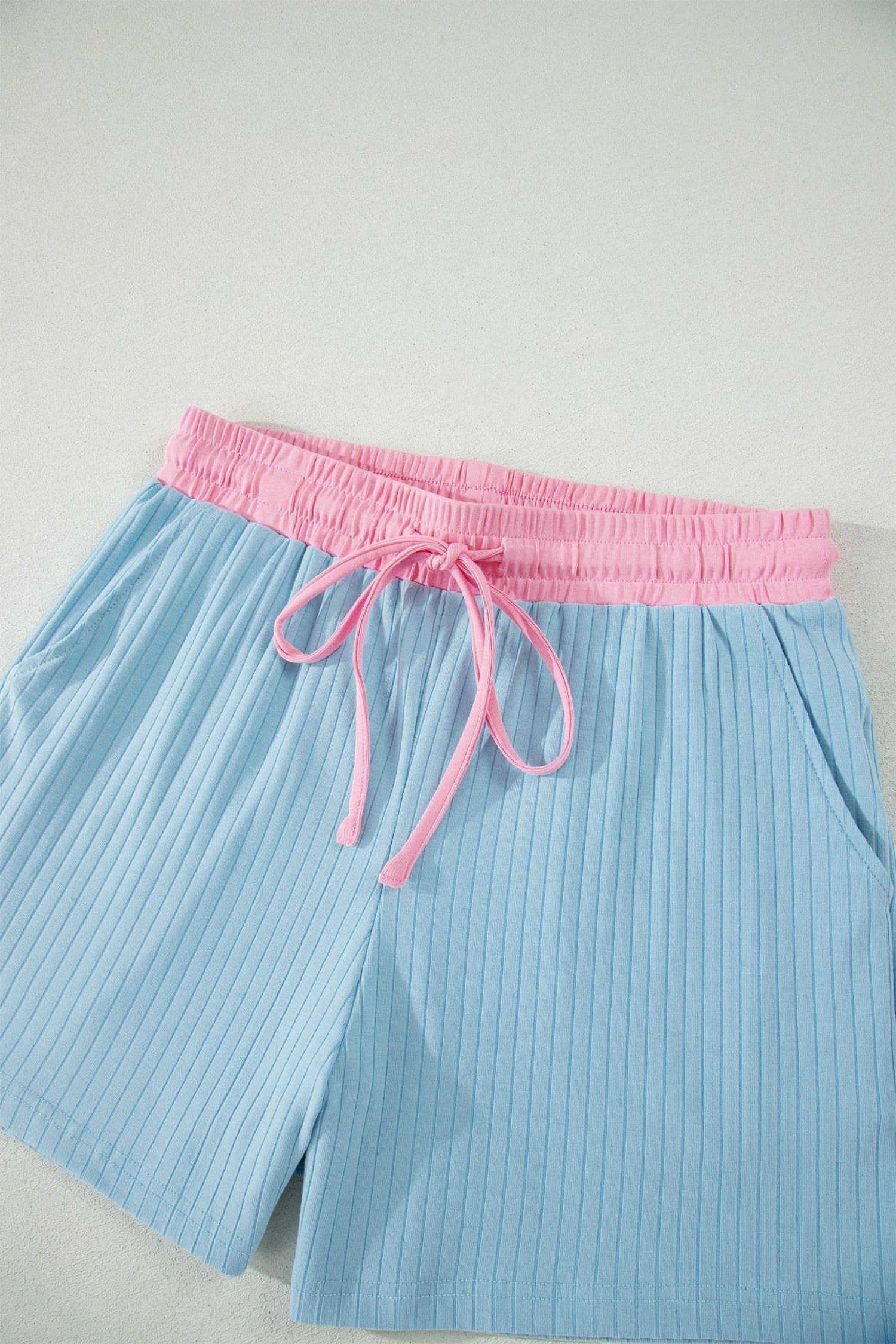image-Aqua Soft Ribbed Color Block Trim Casual Shorts Set