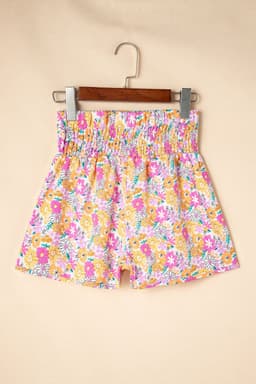 image-Pink Boho Floral Shirred High Waist Shorts