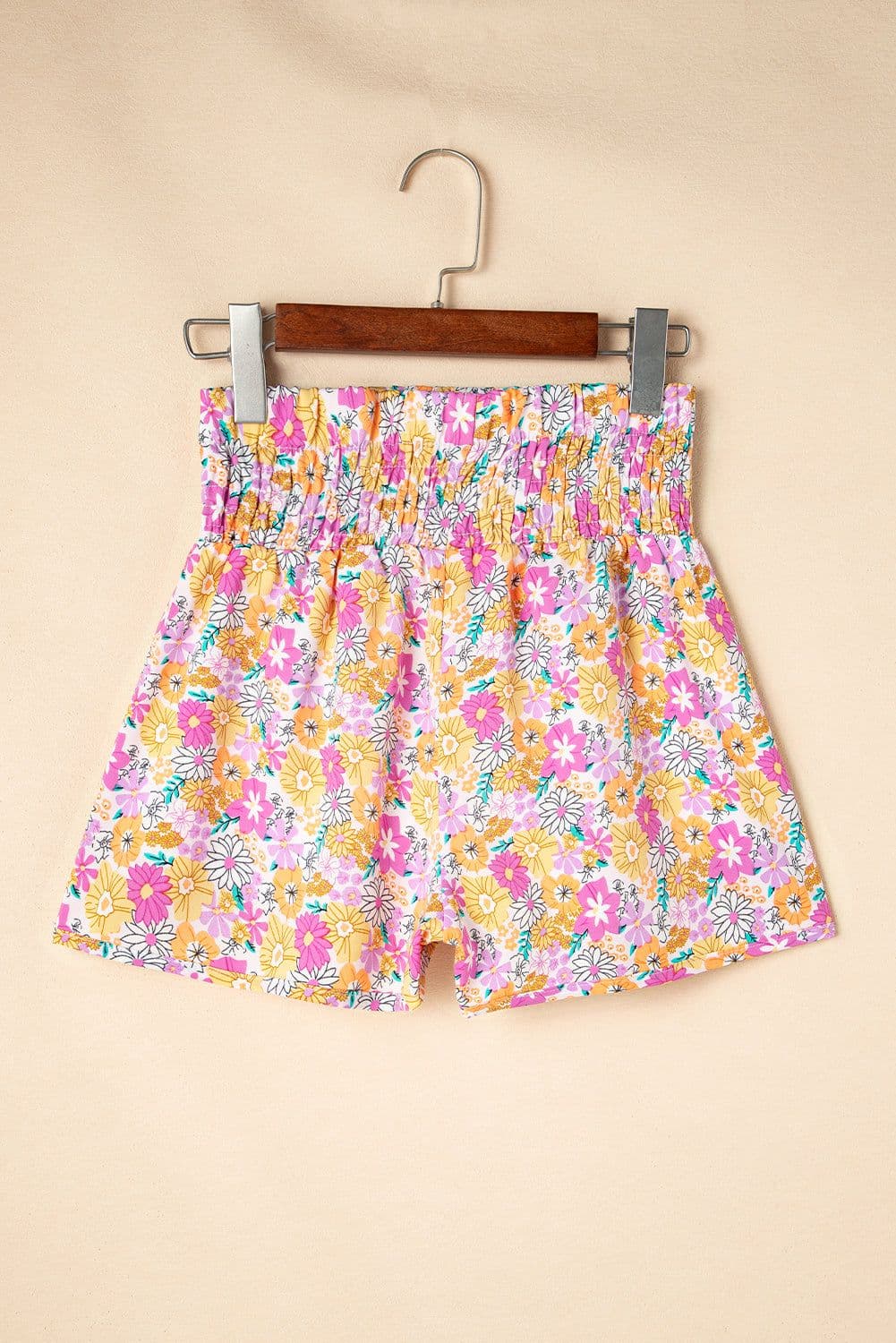 image-Pink Boho Floral Shirred High Waist Shorts