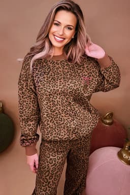 image-Coffee Leopard Print Contrast Trim Long Sleeve Top and Pants Set