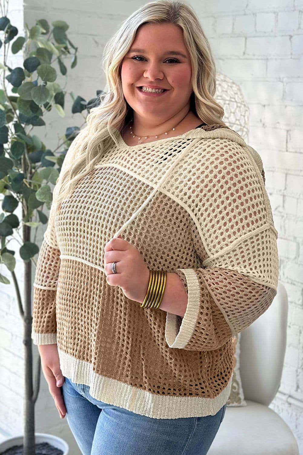 image-Parchment Colorblock Hollowed Knit Plus Size Hooded Jumper Sweater