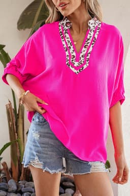 image-Black Dolman Half Sleeve Leopard Patchwork V Neck Blouse