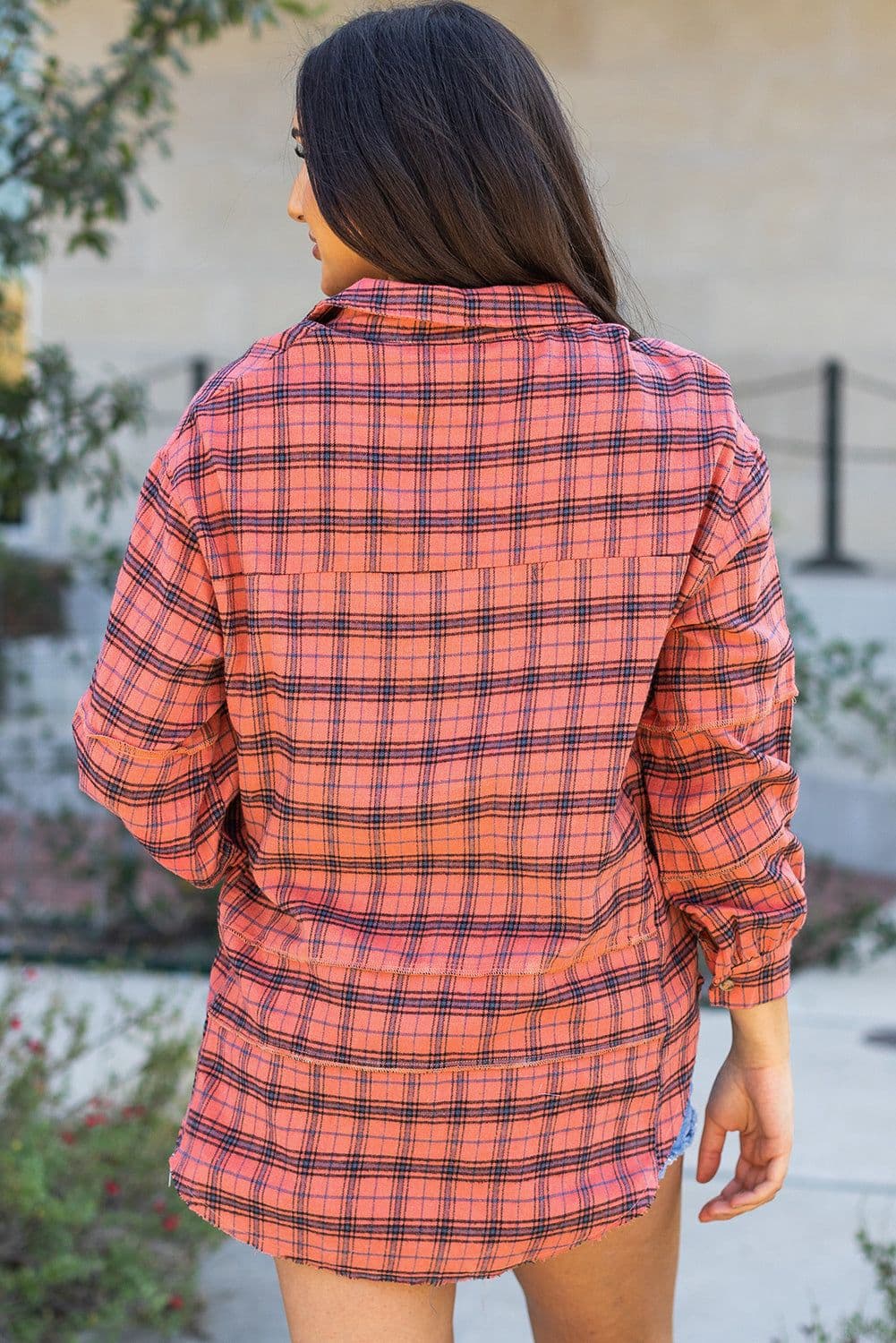 image-Plaid Long Sleeve Distressed Hem Shirt - Side Split - Sizes S-3XL