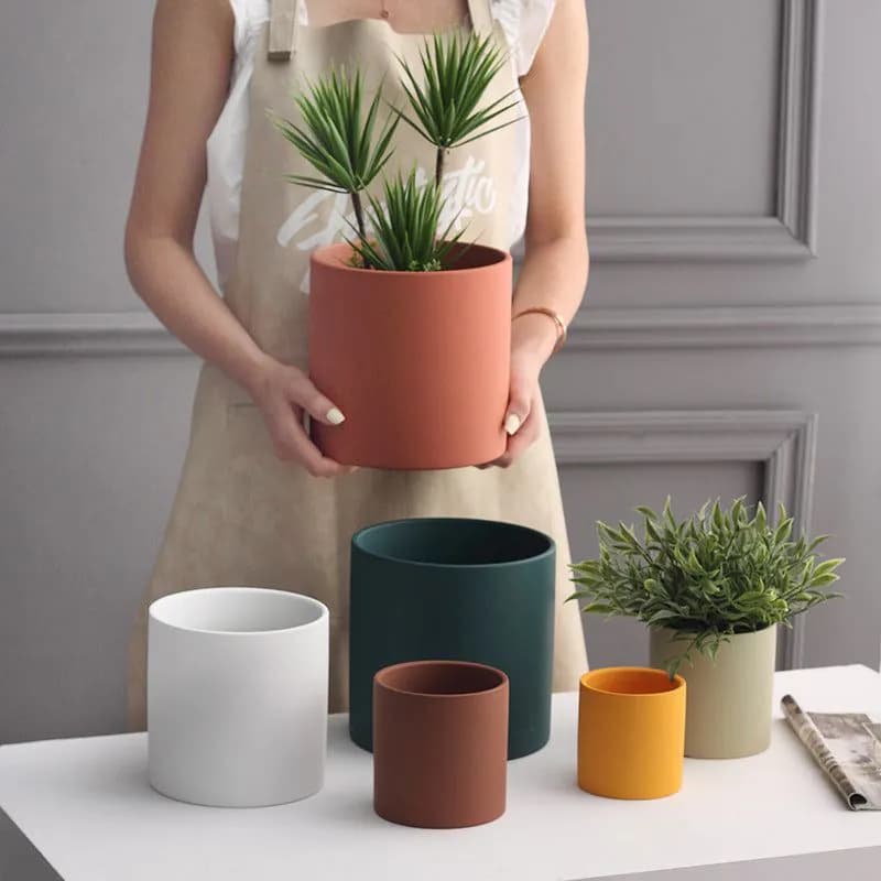 image-Nordic Industrial Style Colorful Ceramic Flowerpot Succulent Planter Green Plants Cylindrical Shape Flower Pot With Hole Tray