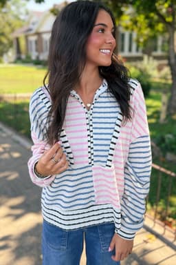 image-Striped Color Block Half Zip Top - Drop Shoulder