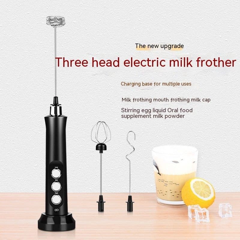 image-Handheld Wireless Milk Frother and Egg Beater - 3-Head Stainless Steel