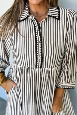 image-Black Stripe Scallop Trim Shirt Collar Half Button 3/4 Sleeve Long Dress
