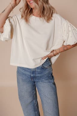 image-White Pearled Puff Sleeve Blouse - Round Neck Loose