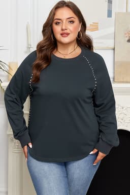 image-Black Studded Decor Ribbed Edge Mineral Wash Plus Size Jumper