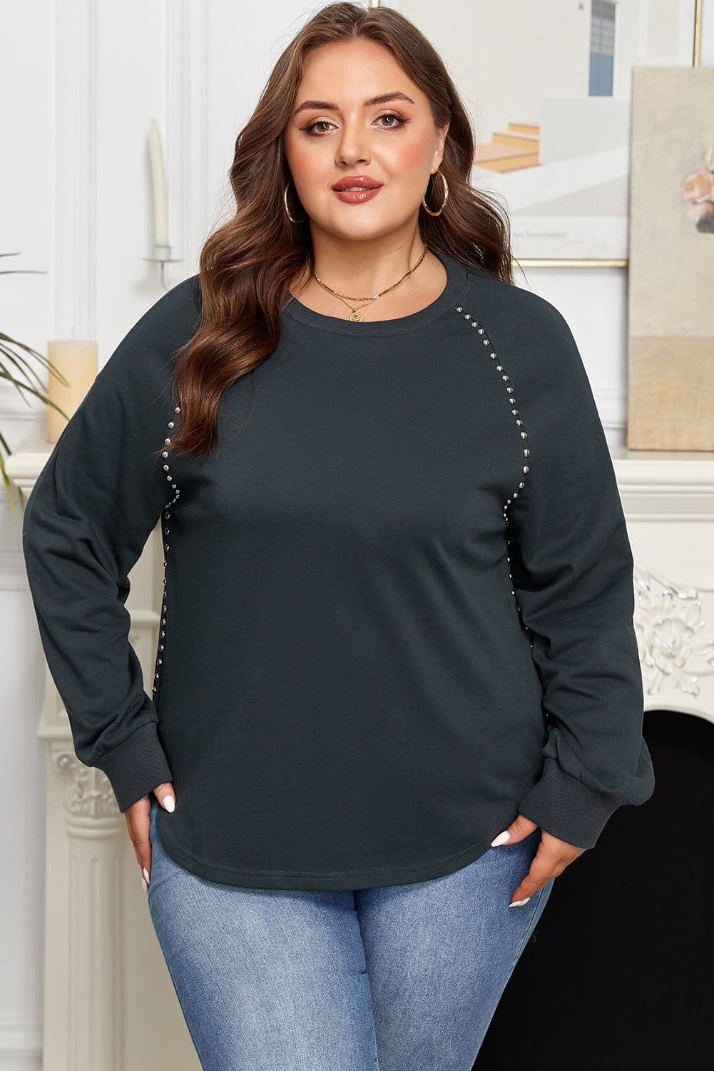image-Black Studded Decor Ribbed Edge Mineral Wash Plus Size Jumper