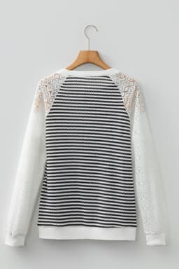 image-Black Stripe Knit Lace Patchwork Long Sleeve Top