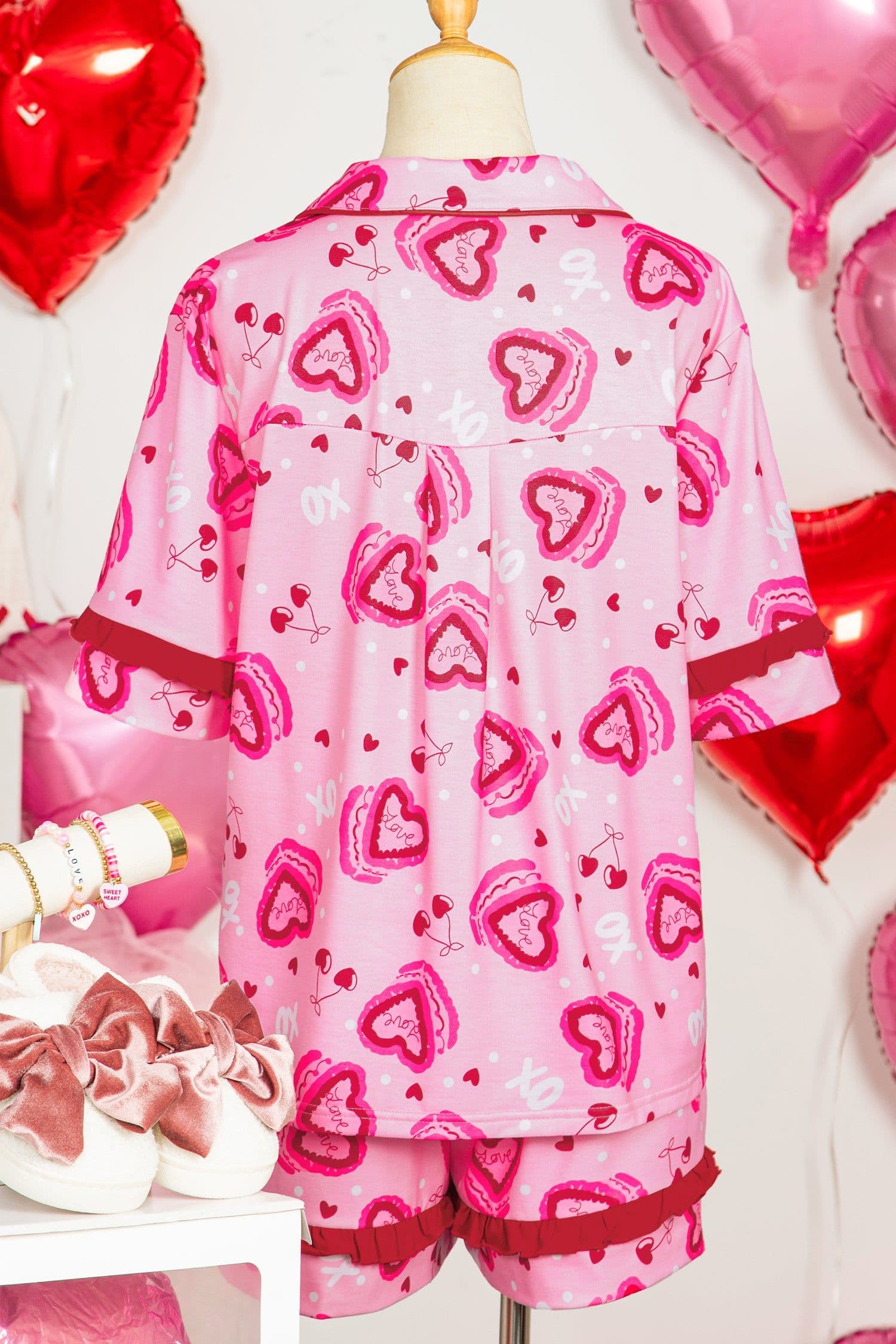 image-Pink Heart Cake Pajama Set - 2pc Ruffle Trim