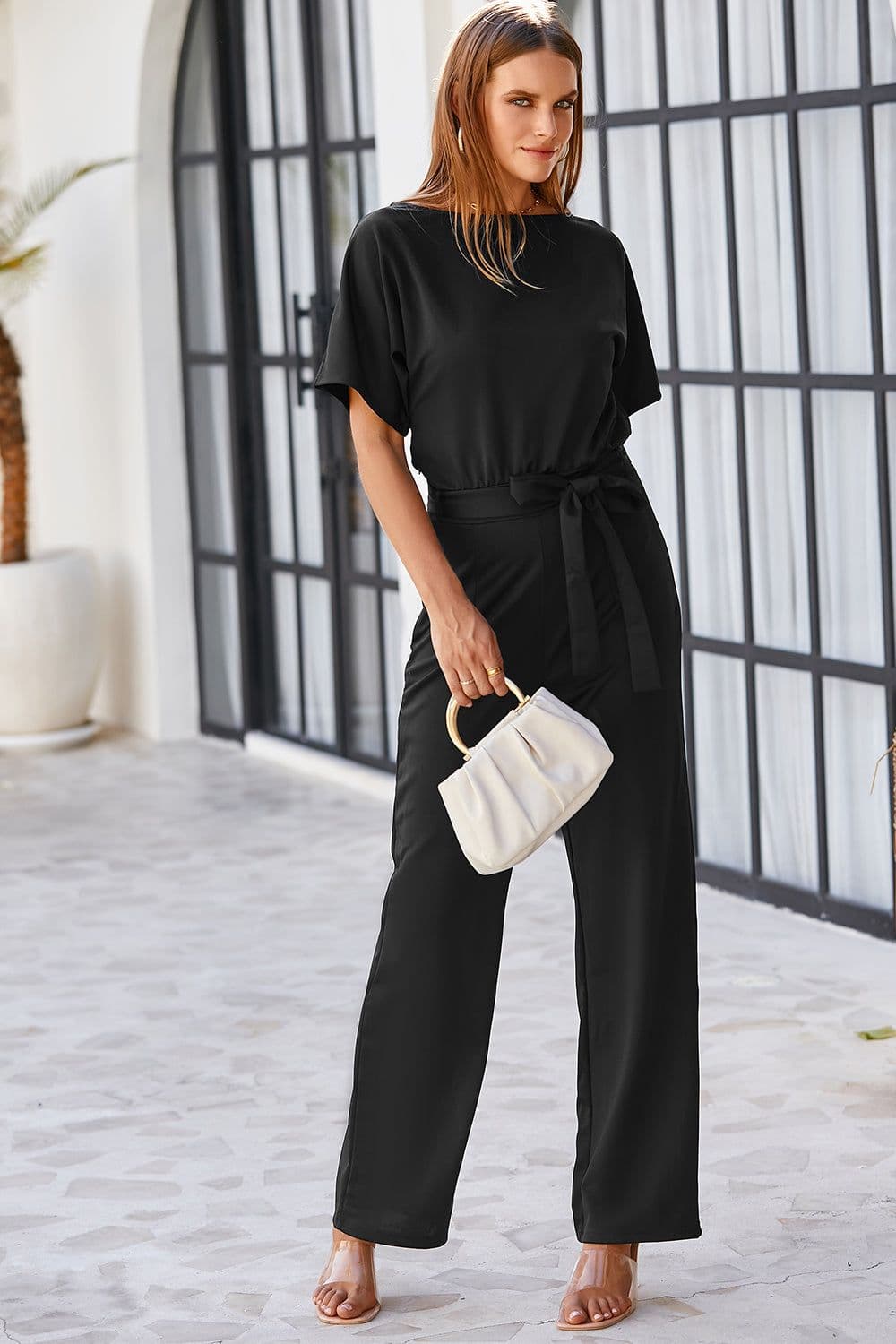 image-Black Belted Wide Leg Jumpsuit