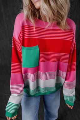 image-Striped Knit Patch Pocket Sweater - Drop Shoulder Design, Comfortable & Trendy