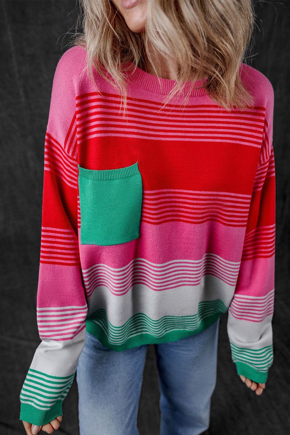 image-Striped Knit Patch Pocket Sweater - Drop Shoulder Design, Comfortable & Trendy