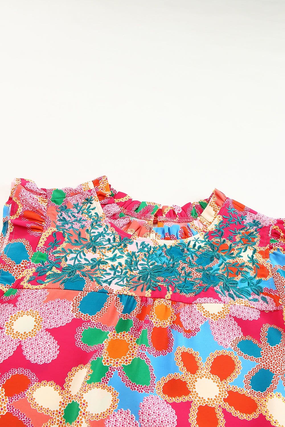image-Rose Embroidered Floral Print Ruffle Trim Tank Top