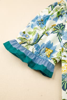 image-Sky Blue Plus Size Frilled V Neck Short Sleeve Floral Blouse