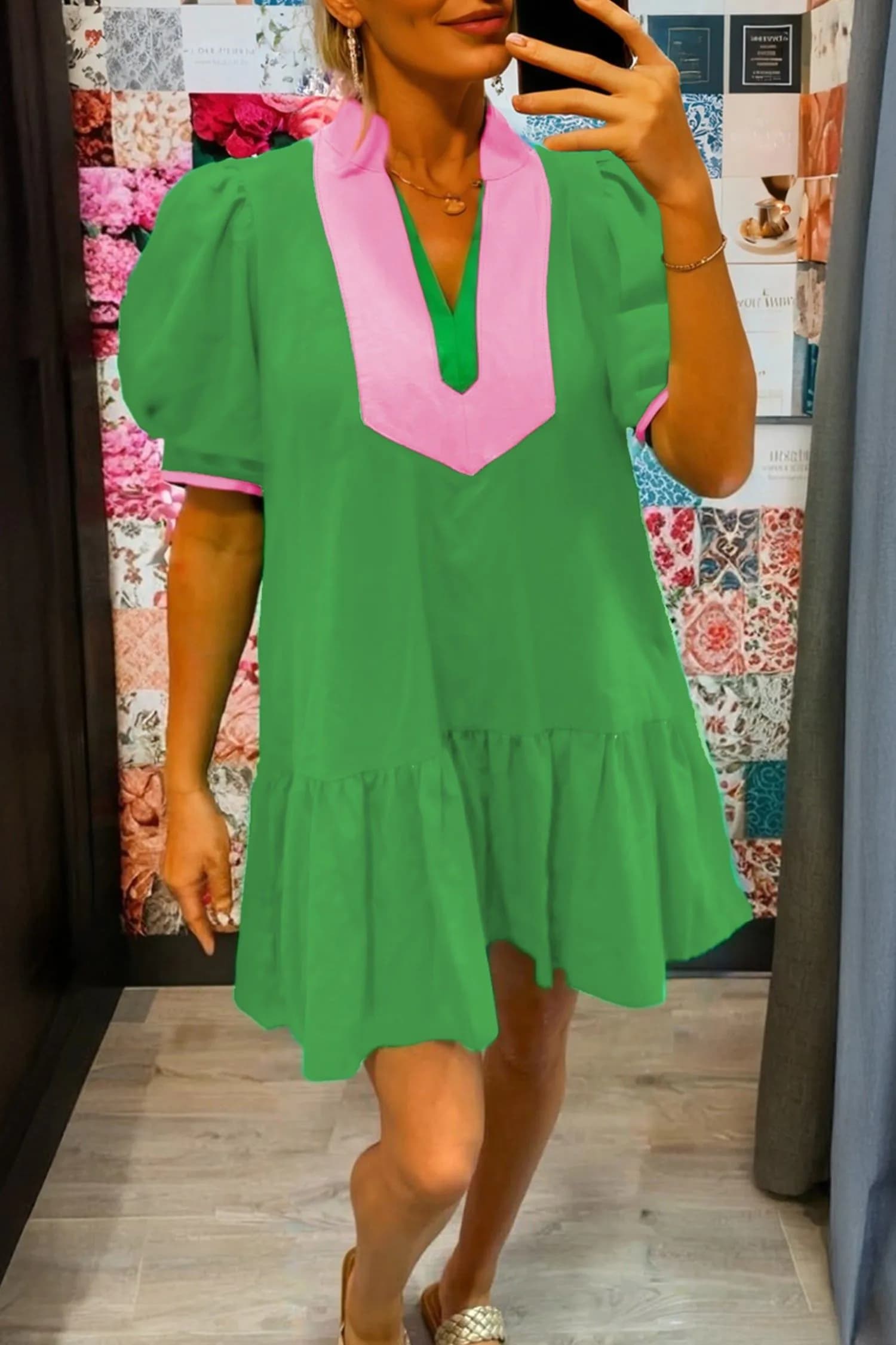 image-Bright Green Color Block Detail Split Neck Short Puff Sleeve Ruffle Hem Mini Dress