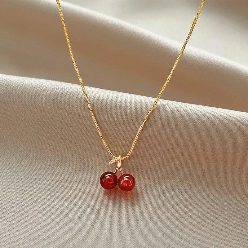 image-New Wine Red Cherry Gold Color Pendant Necklace For Women Personality Fashion Necklace Wedding Jewelry Birthday Gifts