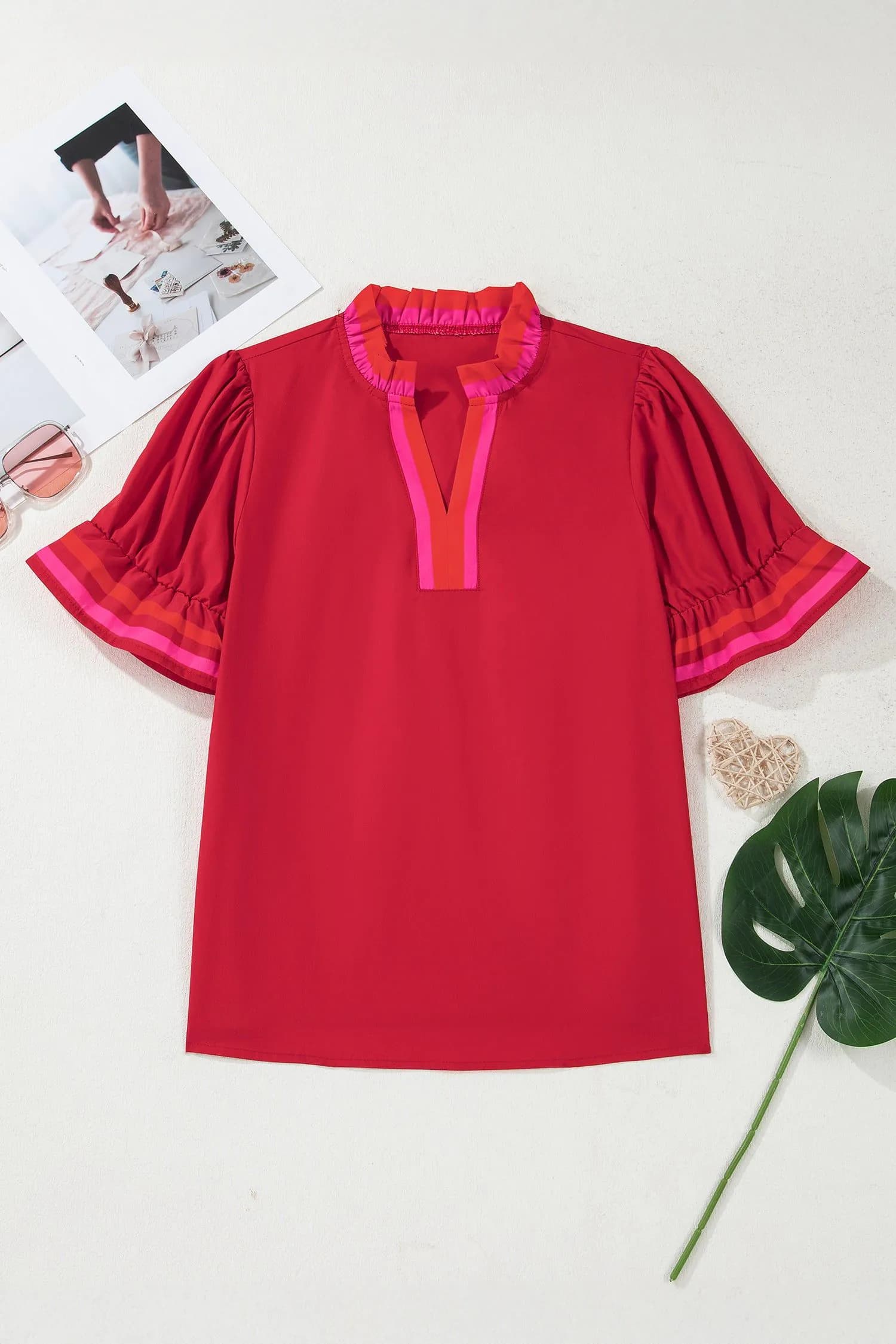 image-Fiery Red Striped Ruffled Blouse - Short Sleeve