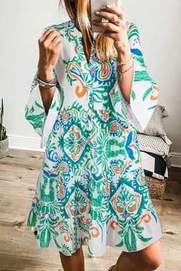 image-Tribal Bracelet Sleeve Buttoned Mini Dress - Green