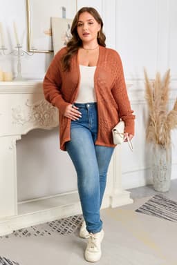 image-Redwood Plus Cardigan - Mixed Pattern Knitted - Open Front - Plus Size