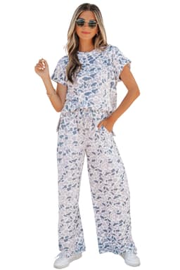 image-Beige Camouflage Print Twisted Rib Loose Tee Drawstring Pants Set