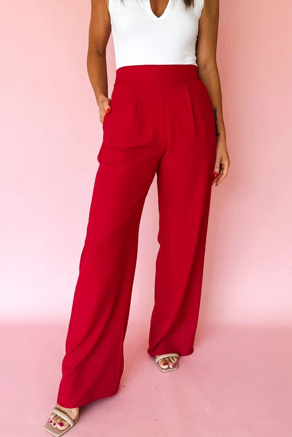 image-Fiery Red Pleated Detail Pull On High Elastic Waist Loose Straight Pants