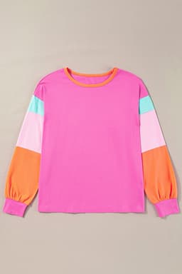 image-Dark Blue Colorblock Patchwork Long Sleeve Loose Top