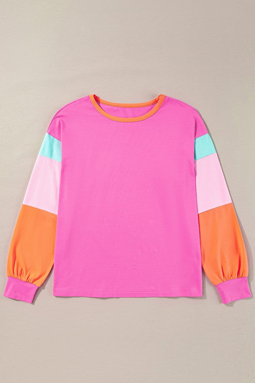 image-Dark Blue Colorblock Patchwork Long Sleeve Loose Top