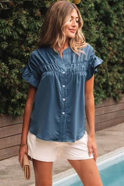 image-Real Teal Ruffle Ruched Buttoned Shirt