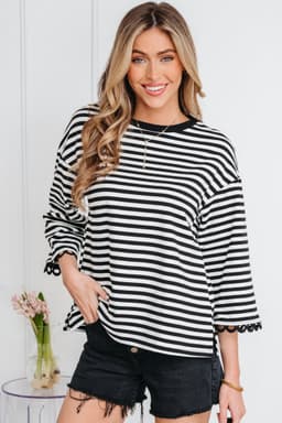 image-Sachet Pink Striped Print Drop Shoulder Lace Trim Bracelet Sleeve Loose Top