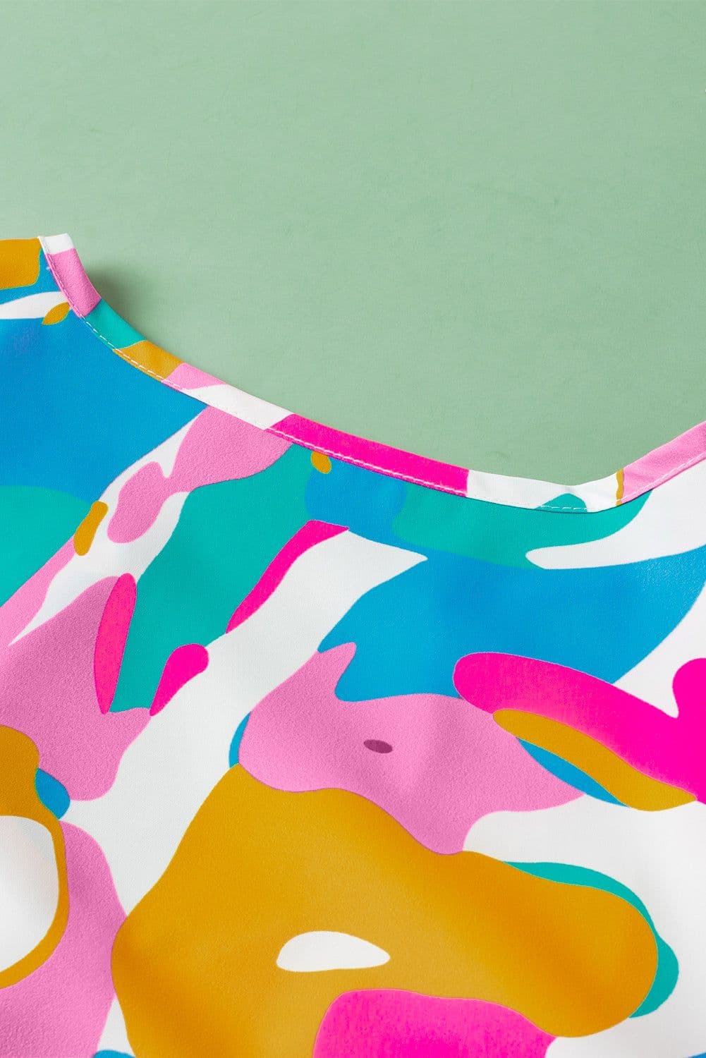 image-Abstract Print Notched Neck Flutter Sleeve Blouse - Multicolour