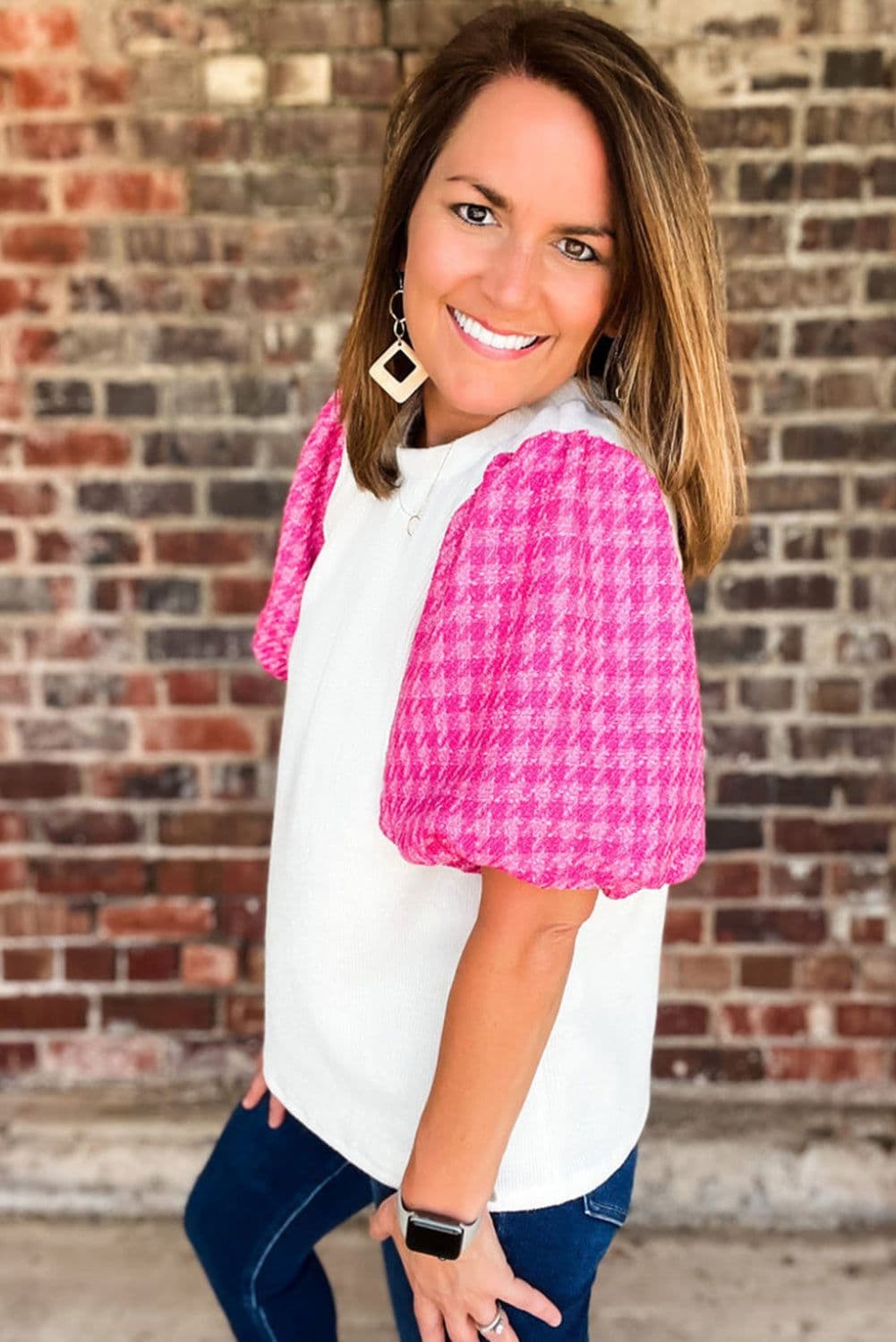 image-White Contrast Tweed Puff Sleeve Top