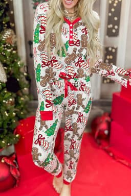 image-Pink Christmas Pattern Button V Neck Pullover Drawstring Pants 2pcs Lounge Set