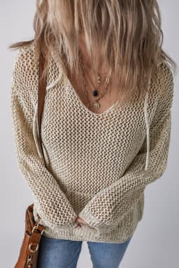 image-Jet Stream Hollow-out Kangaroo Pocket V Neck Hooded Sweater