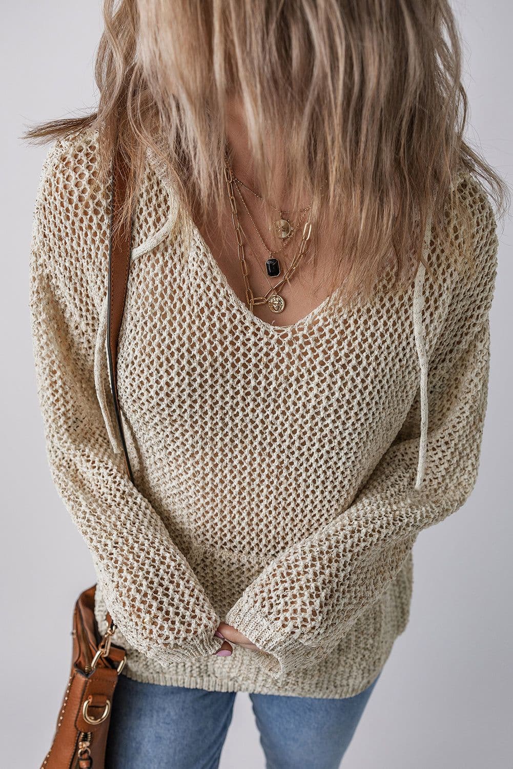 image-Jet Stream Hollow-out Kangaroo Pocket V Neck Hooded Sweater