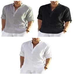 image-Men's Casual Cotton Linen Solid Color Long Sleeve Shirt Loose Stand Collar
