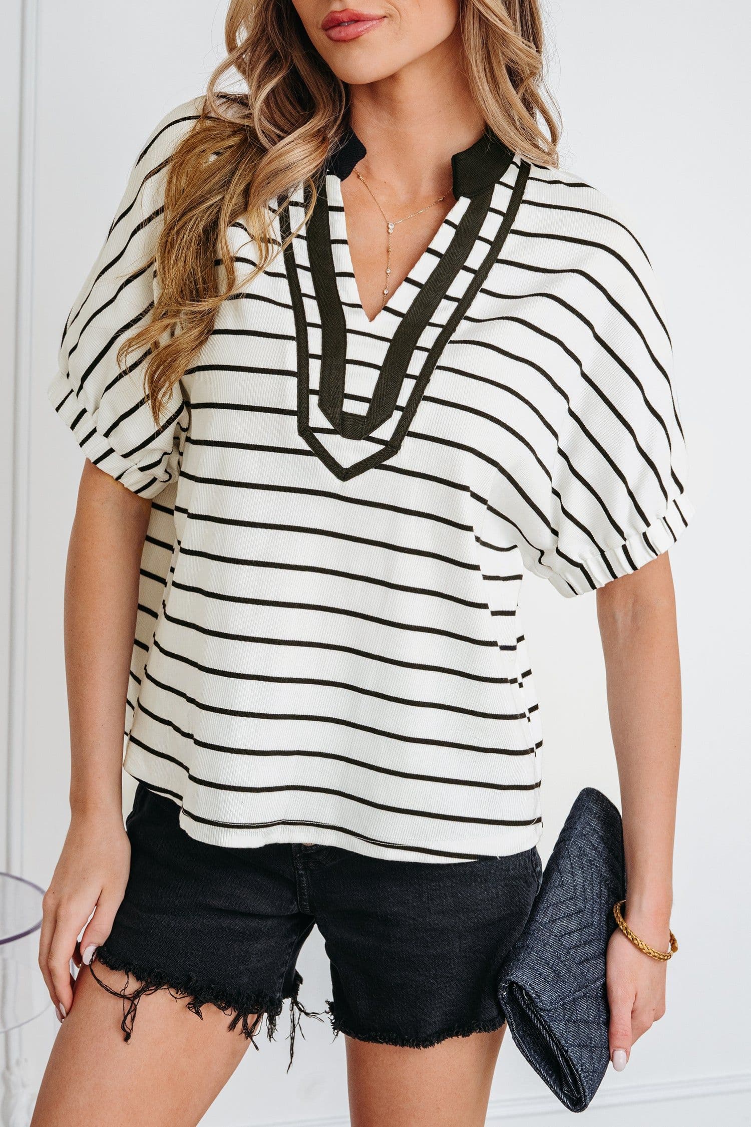 image-Blue Stripe Stand Collar V Neck Elastic Cuffs Half Sleeve Dolman Top
