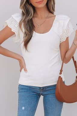 image-White Eyelet Ruffle Sleeve Slim Fitted Top
